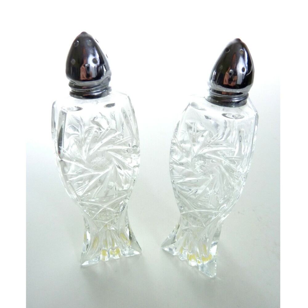 Vintage West Germany Salt & Pepper Shakers Cut Clear Glass Star Pinwheel MCM